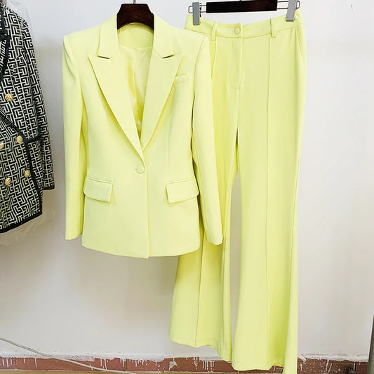 Designer Runway Suit Set Women Single Button Slim Fit Blazer Flare Pants Suit Two Pieces