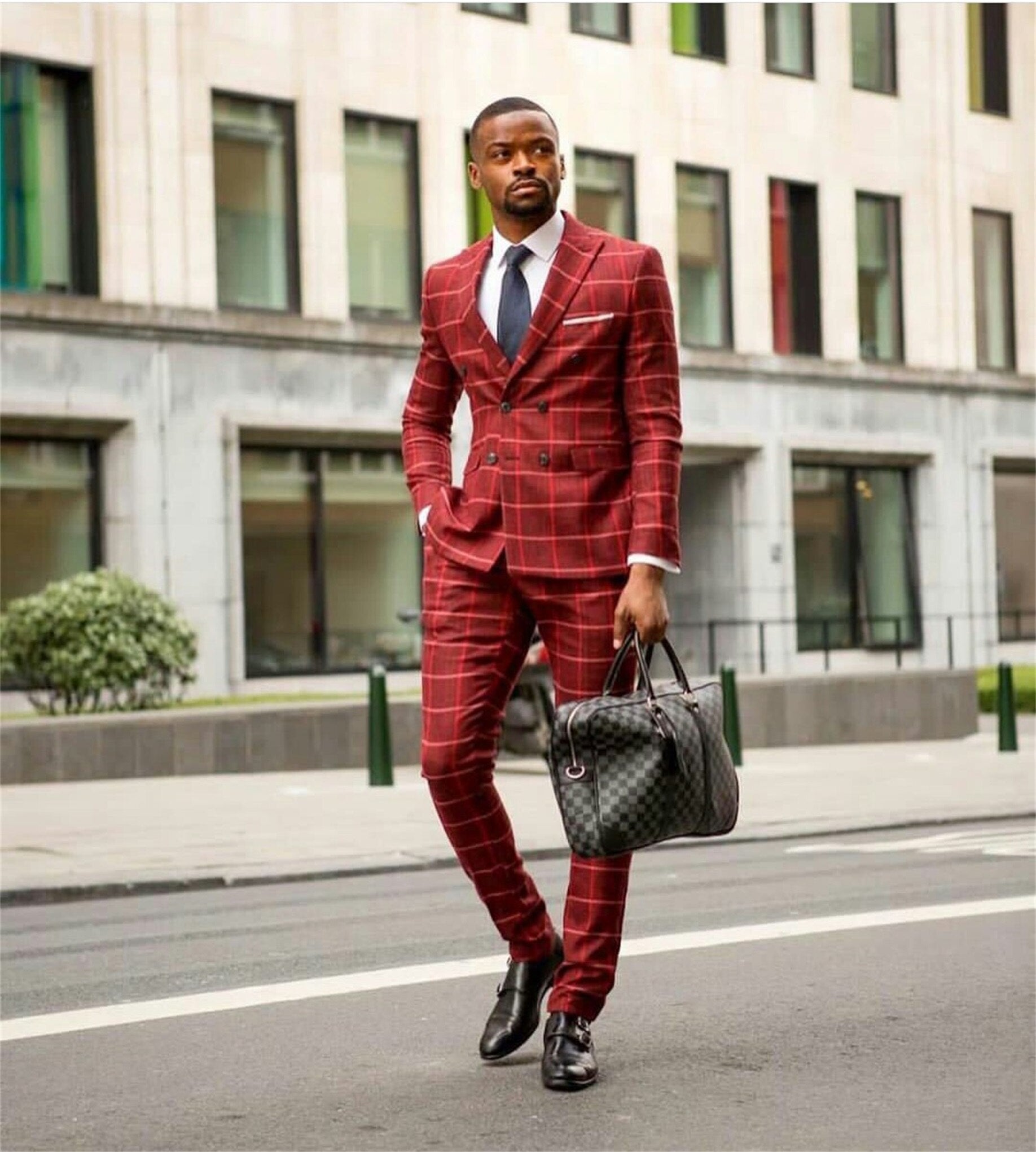 Trajes de cuadros rojos de talla grande para novio, traje de negocios para hombre, traje a medida para fiesta de graduación, esmoquin de boda (chaqueta + pantalón)
