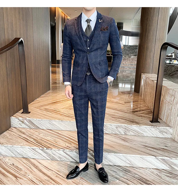 Traje de hombre de estilo británico de talla grande, traje de lana de tres piezas, vestido de novia para novio, ropa formal británica ajustada. 