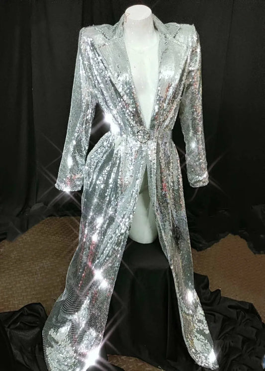 Fashion Women Sparkly Sequins Coat Female Singer DJ Stage Show Silver Jacket Cloak Open Stitch Ds Performance Costume