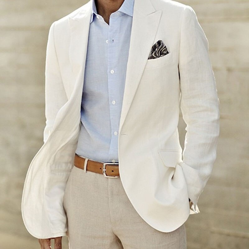 Traje de 2 piezas color marfil para hombre, corte entallado, con pantalón beige, esmoquin para novio, boda, graduación, boda, conjunto de traje para hombre