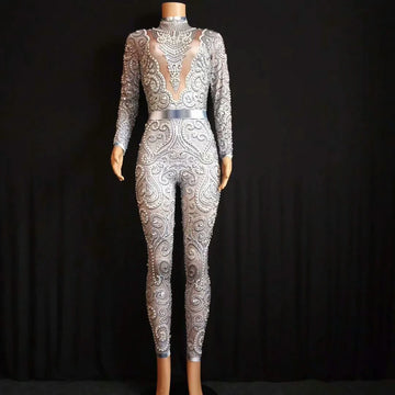 Sparkly Rhinestones Printed Long Sleeve Sexy Jumpsuit Female Singer Dance Costume Stage Nightclub Women's Birthday Show Bodysuit