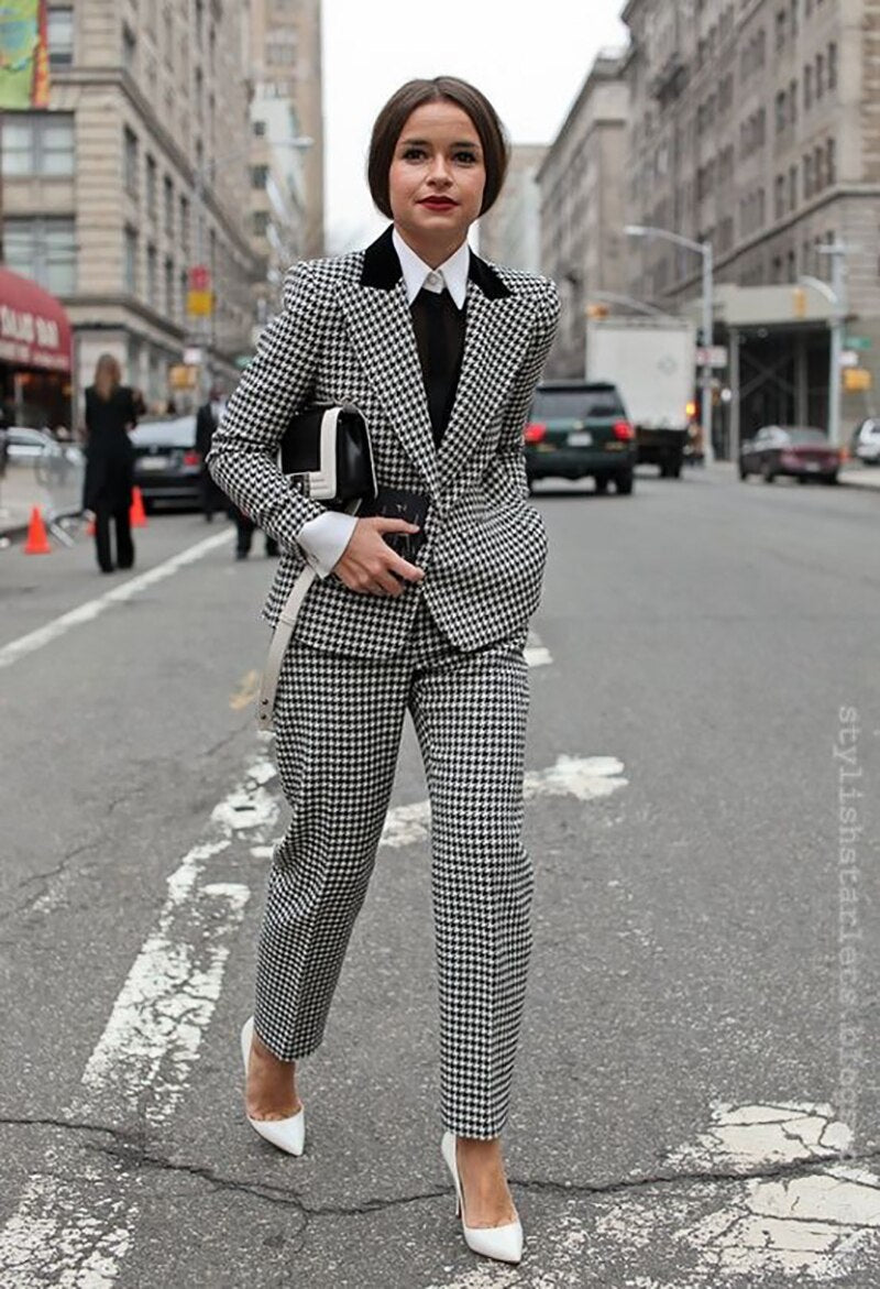 Conjunto de 2 piezas de cuadros escoceses de invierno, blazer vintage para mujer, esmoquin de boda, pantalones de cintura alta para mujer 