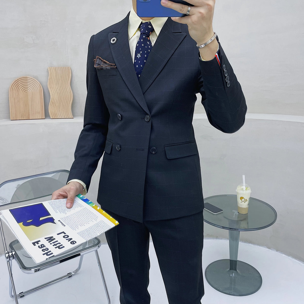 (Blazer + chaleco + pantalones) Traje clásico de celosía para hombre, conjunto de 3 piezas, trajes ajustados para hombre, doble botonadura para novio, vestido de esmoquin de boda 