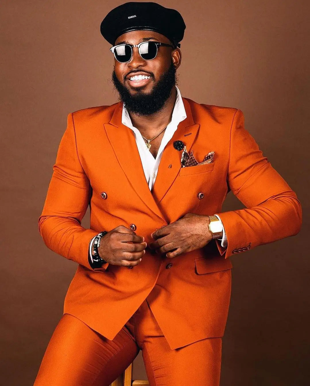 Orange Plus Size Men Suits Wear Wedding Blazer Tuxedos Black Peaked Lapel Clothes for Groom Prom Coat Pants 2 Pieces