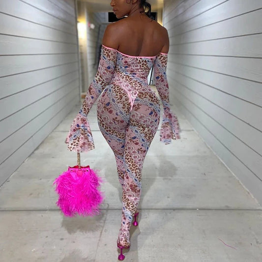 Women Sexy See-through Slash Neck Flared Sleeve Nightclub Outfits Overalls Hipster High Waist Floral&Leopard Print Jumpsuit