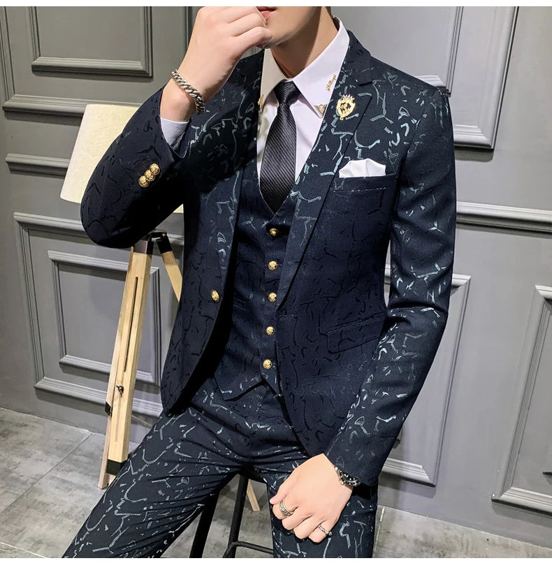 Elegant Floral Slim Fit Men's Tuxedo Suit Set - Royal Blue & Burgundy Stylish Coat, Vest & Pants for Formal Occasions