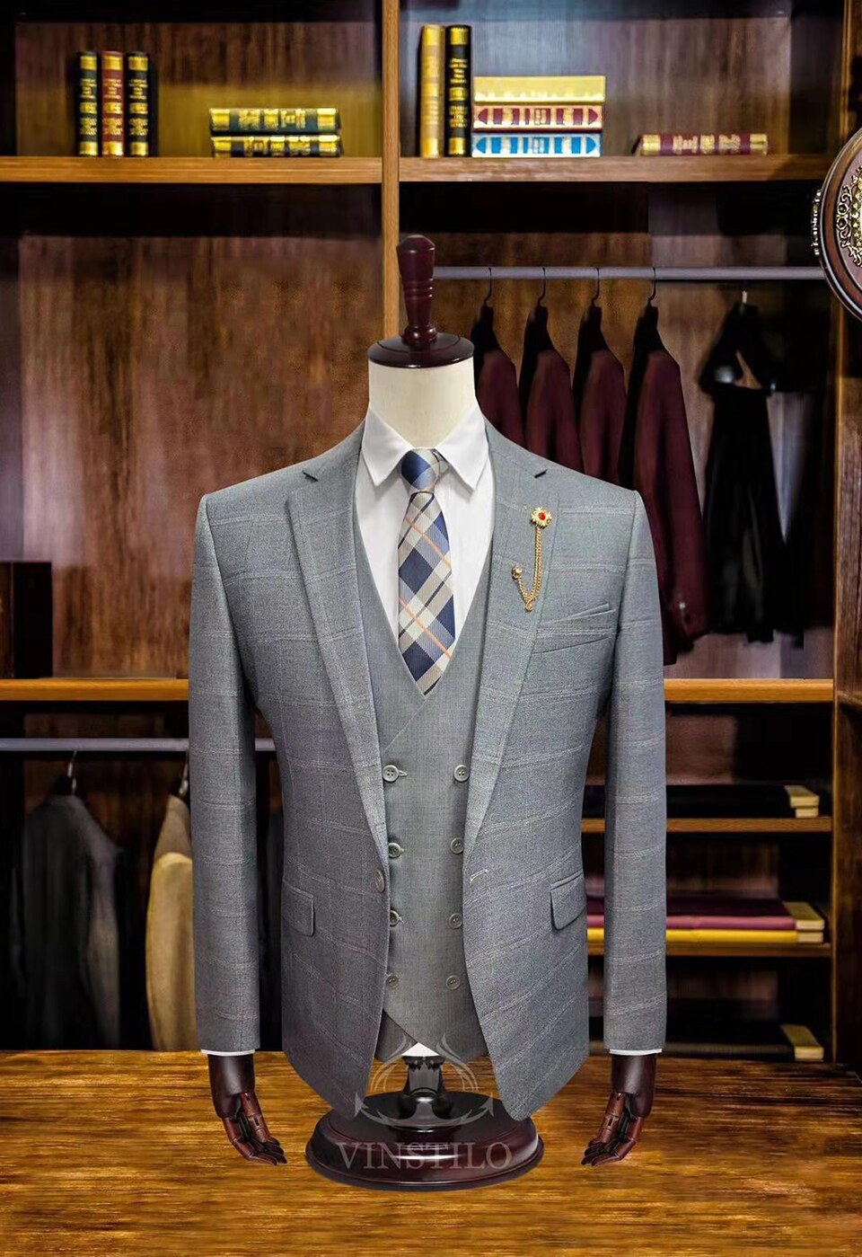 (Jackets+Vest+Pants) Men's Groom Wedding Dress Texudo Plaid Formal Suits Set Men Fashion Casual Business Suit 3 piece