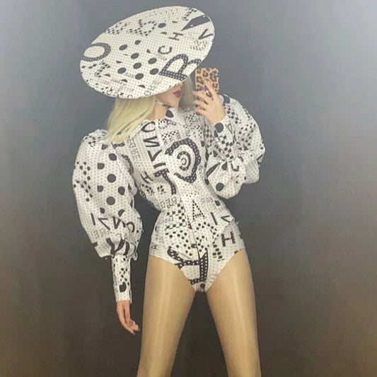 Letters Print Long Sleeve Top Short Hat 3 Pieces Set Costume Stage Jazz Dance Wear Birthday Party Dress Jacket Headdress