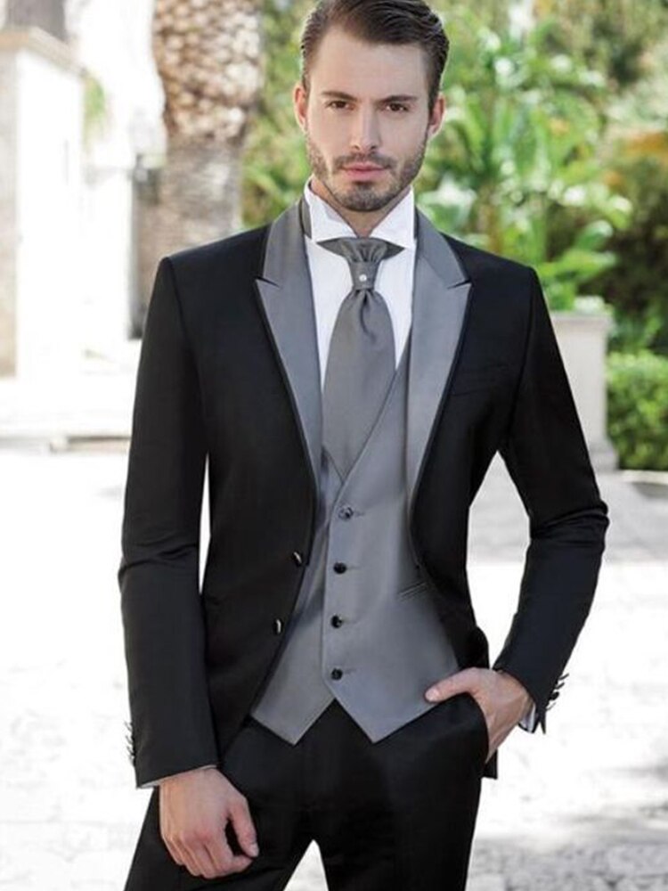 Costume 3 pièces noir slim fit en satin pour homme, smoking de mariage sur mesure avec pantalon