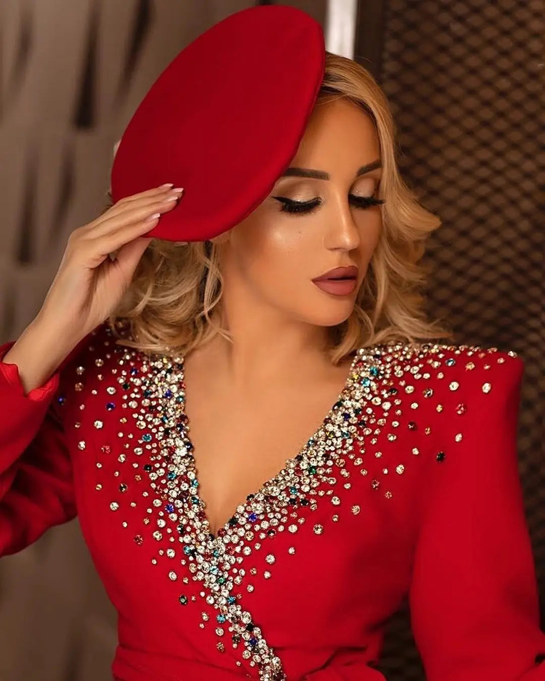 Dazzling Red V-Neck Beaded Women's Suit Set with Belt - Vintage Blazer and Flared Pants for Parties, Prom, and Streetwear Fashion