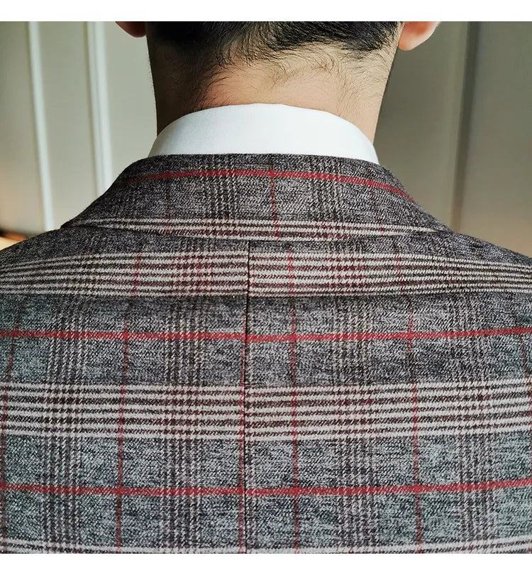 Suit Luxury Wedding Upgrade Emcee Dress Suit Men's Plaid Double-breasted Casual Dress Dinner Suit