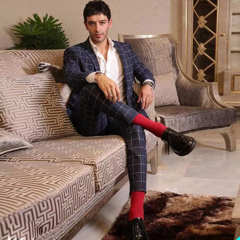 Navy Blue Check Groom Wedding Tuxedos Plaid Men Groommen Party Prom Pants Suits Jacket Business Work Wear Outfit 2 Pieces