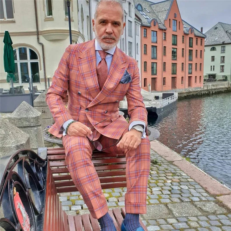 Winter Pink Check Plaid Mens Pants Suits Double Breasted Groom Best Man Coat Business Wedding Blazer (Jacket+Pants)