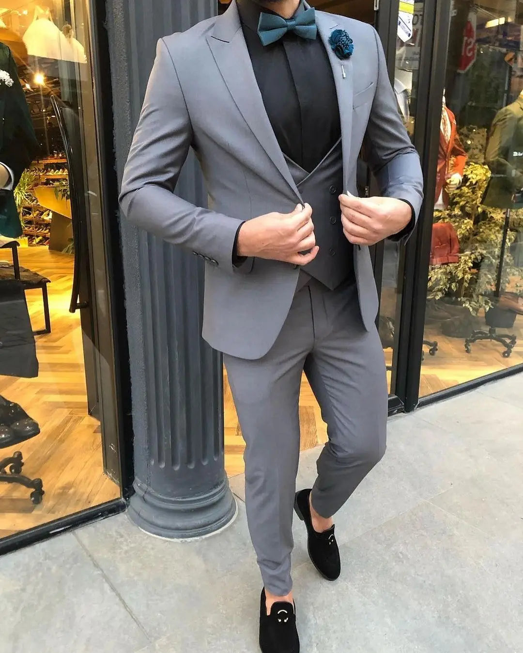 Esmoquin formal gris para boda para hombre, 3 piezas, corte entallado, solapa de pico, traje de novio para padrinos de boda, chaqueta, blazer, ropa, abrigo