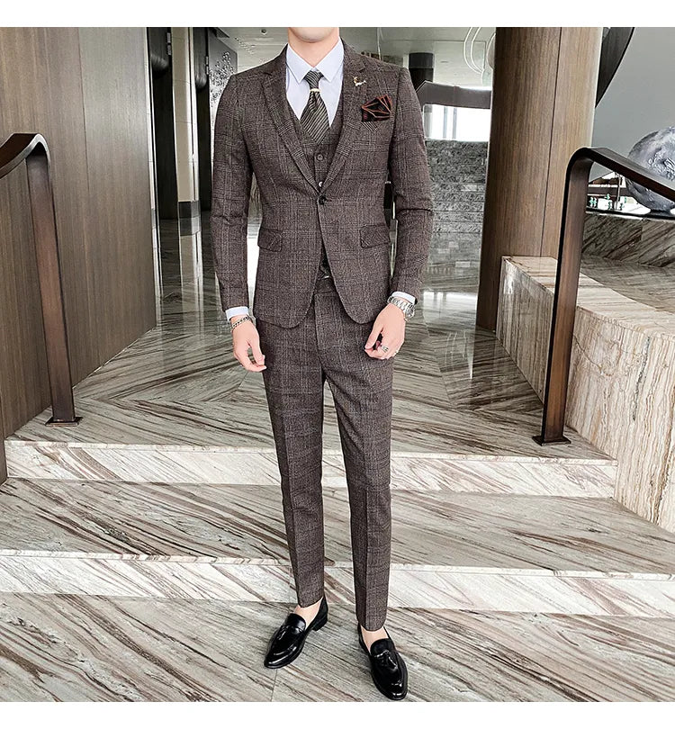 Traje de hombre de estilo británico de talla grande, traje de lana de tres piezas, vestido de novia para novio, ropa formal británica ajustada. 