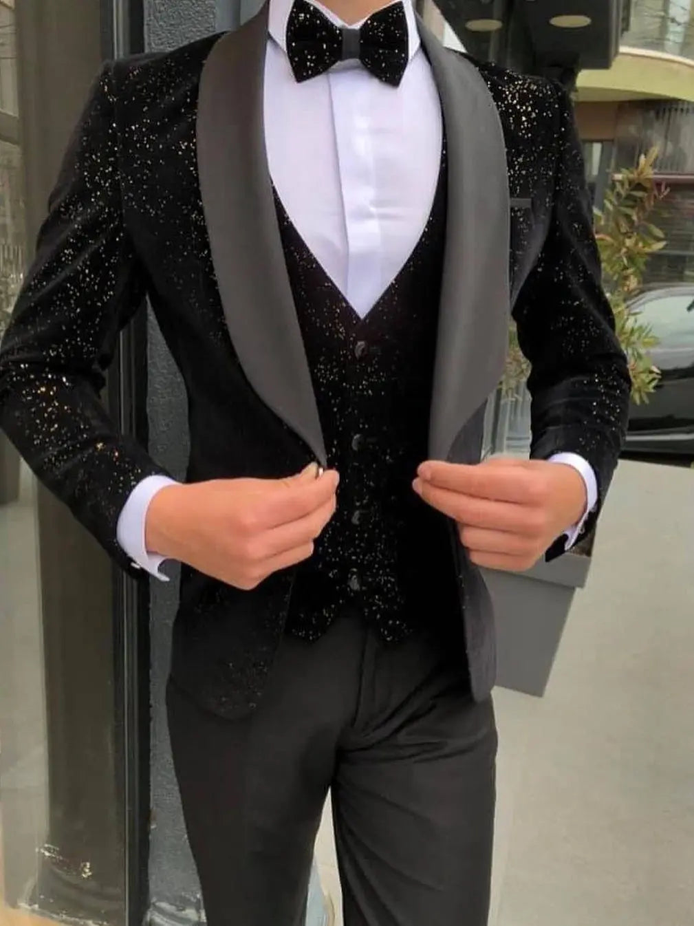 Black Mens Suits 3 Piece Black Shawl Lapel Casual Groom Tuxedos for Wedding Groomsmen Suits Men (Blazer+Vest+Pant)