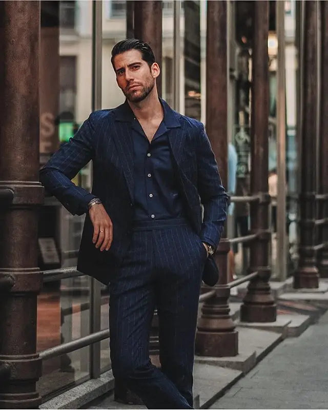 Navy Pinstripe Men Suits Handsome Slim Fit Two Button Peaked Lapel Groom Best Men Prom Party Blazer Jacket(jacket+pants)