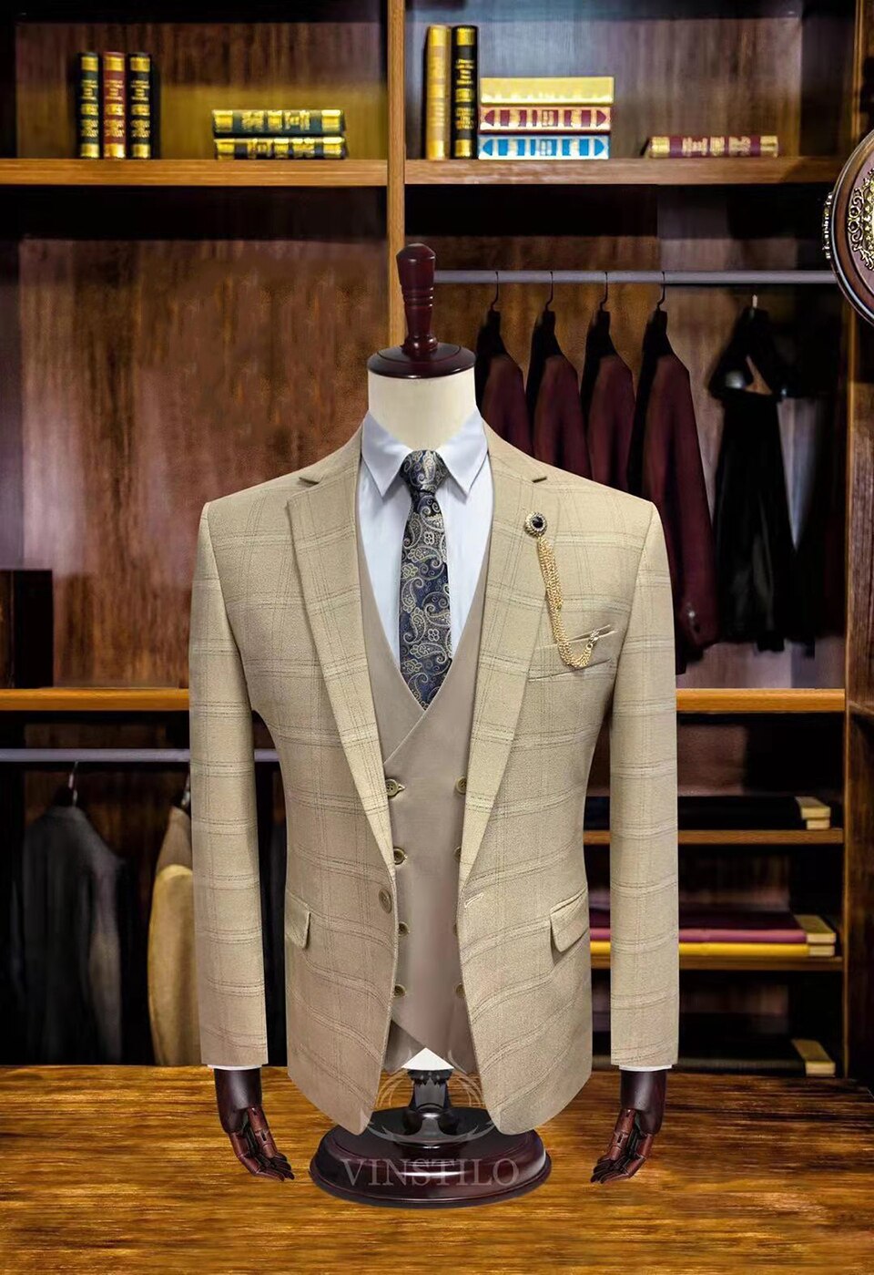 (Jackets+Vest+Pants) Men's Groom Wedding Dress Texudo Plaid Formal Suits Set Men Fashion Casual Business Suit 3 piece
