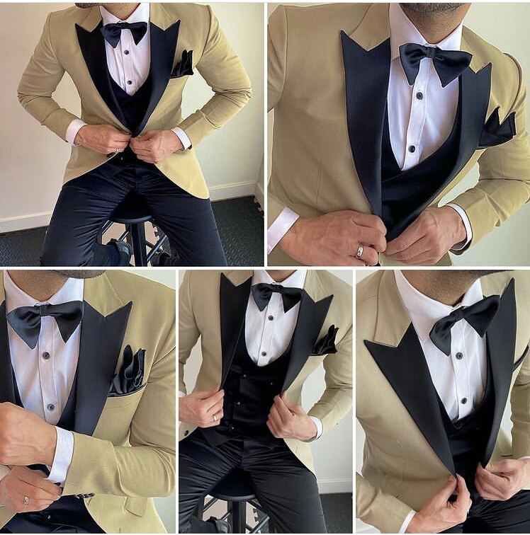 Trajes de hombre caqui con solapa de pico, esmoquin de boda, corte entallado, para novio, graduación, blazer, pantalones, 3 piezas, chaqueta, pantalón y chaleco. 