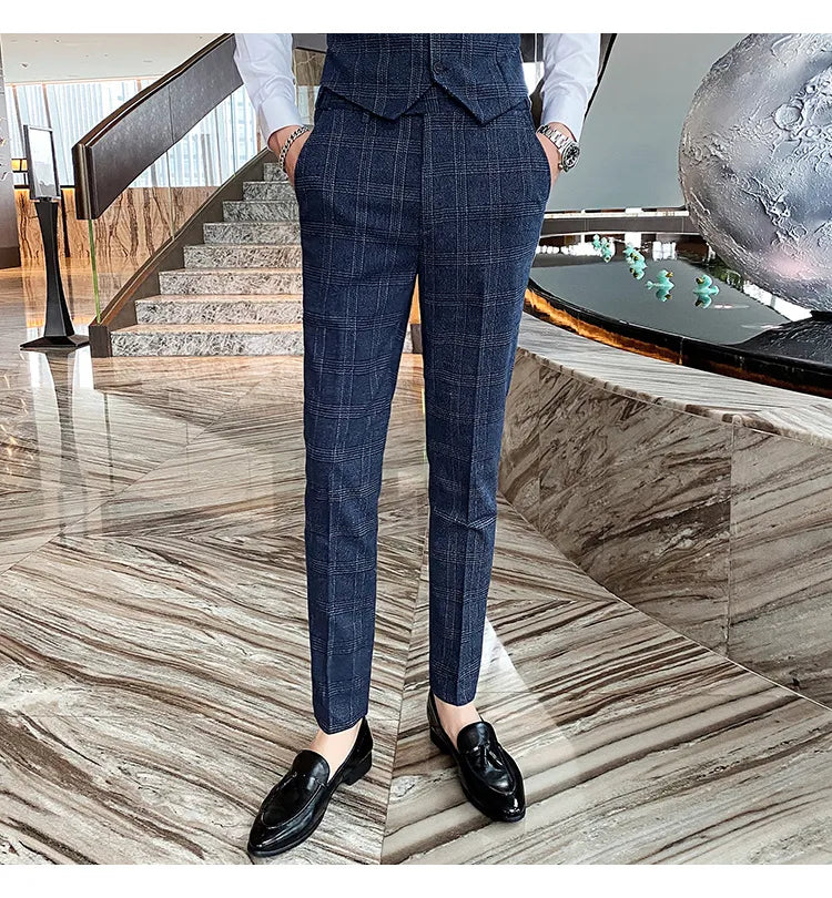 Traje de hombre de estilo británico de talla grande, traje de lana de tres piezas, vestido de novia para novio, ropa formal británica ajustada. 