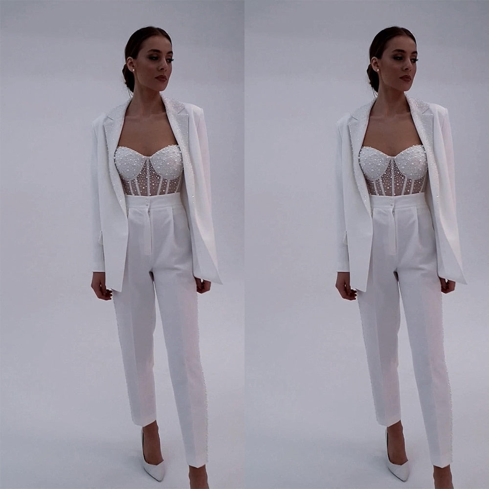 Women Wedding Tuxedos Sequins Beading Lady Office Blazer Sets Spring Cardigan Solid Pants Casual Wear 2 Pieces