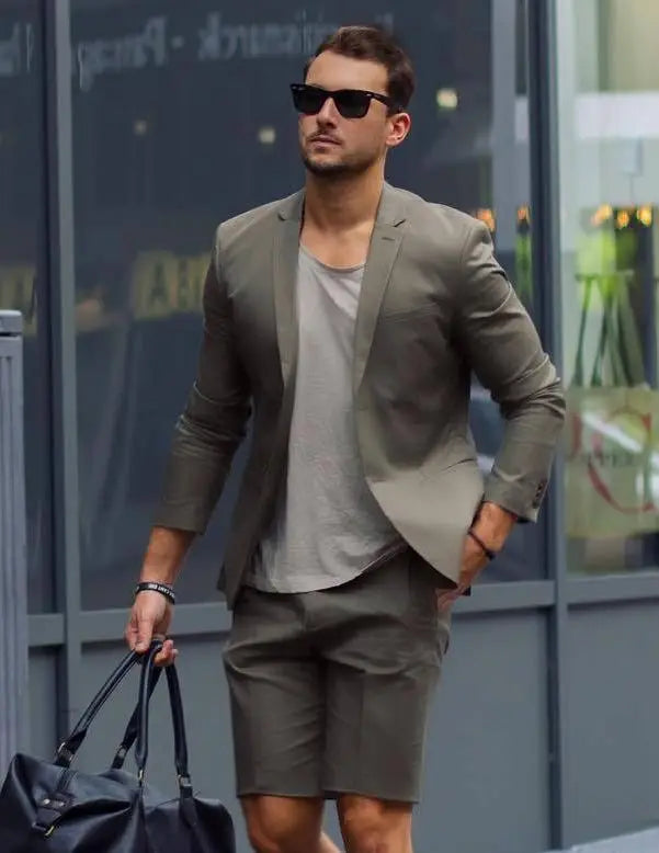 Esmoquin gris corto de boda para hombre, con dos botones, corte entallado, ideal para negocios, fiestas, graduación, chaqueta y pantalones.
