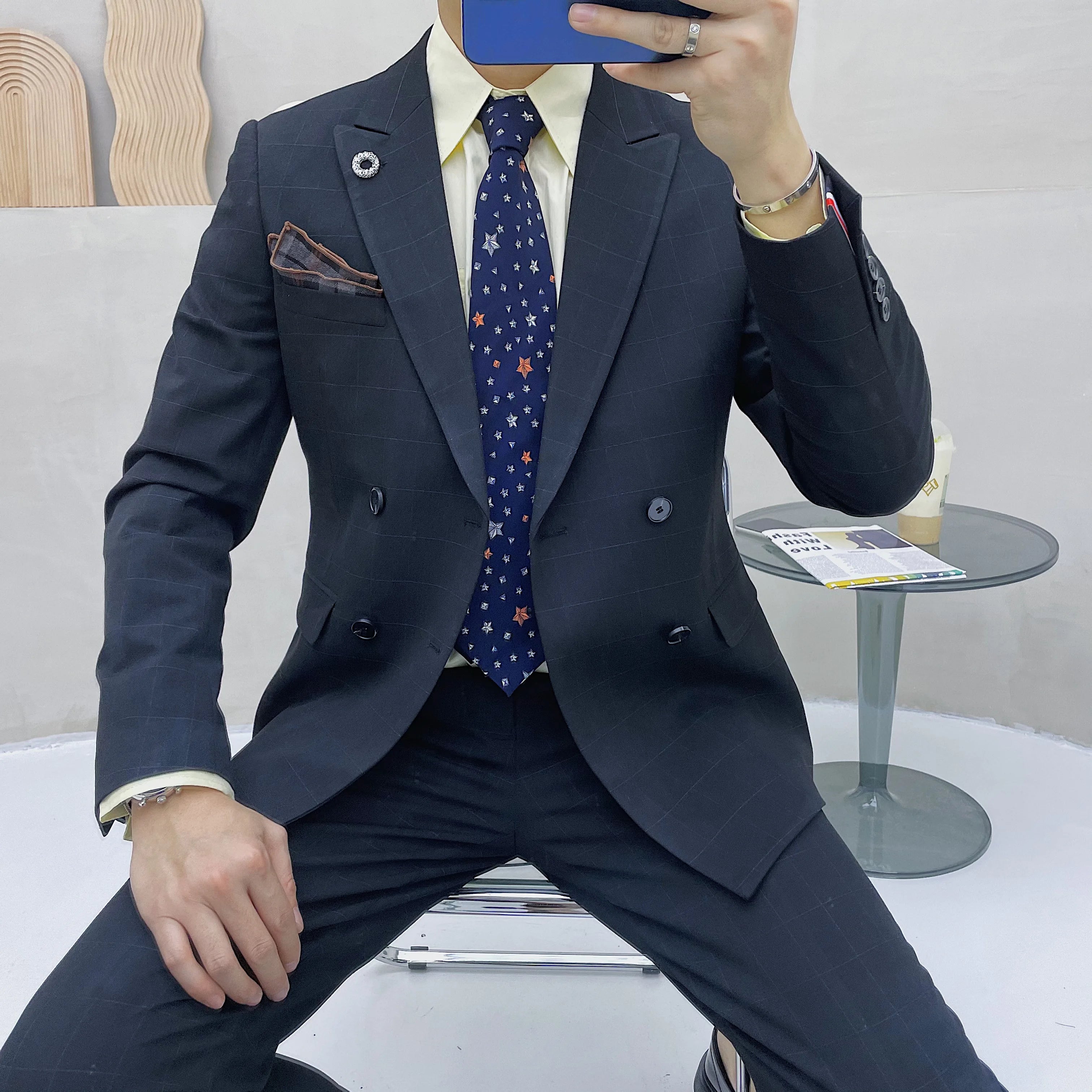 (Blazer + chaleco + pantalones) Traje clásico de celosía para hombre, conjunto de 3 piezas, trajes ajustados para hombre, doble botonadura para novio, vestido de esmoquin de boda 