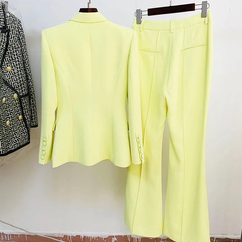 Designer Runway Suit Set Women Single Button Slim Fit Blazer Flare Pants Suit Two Pieces