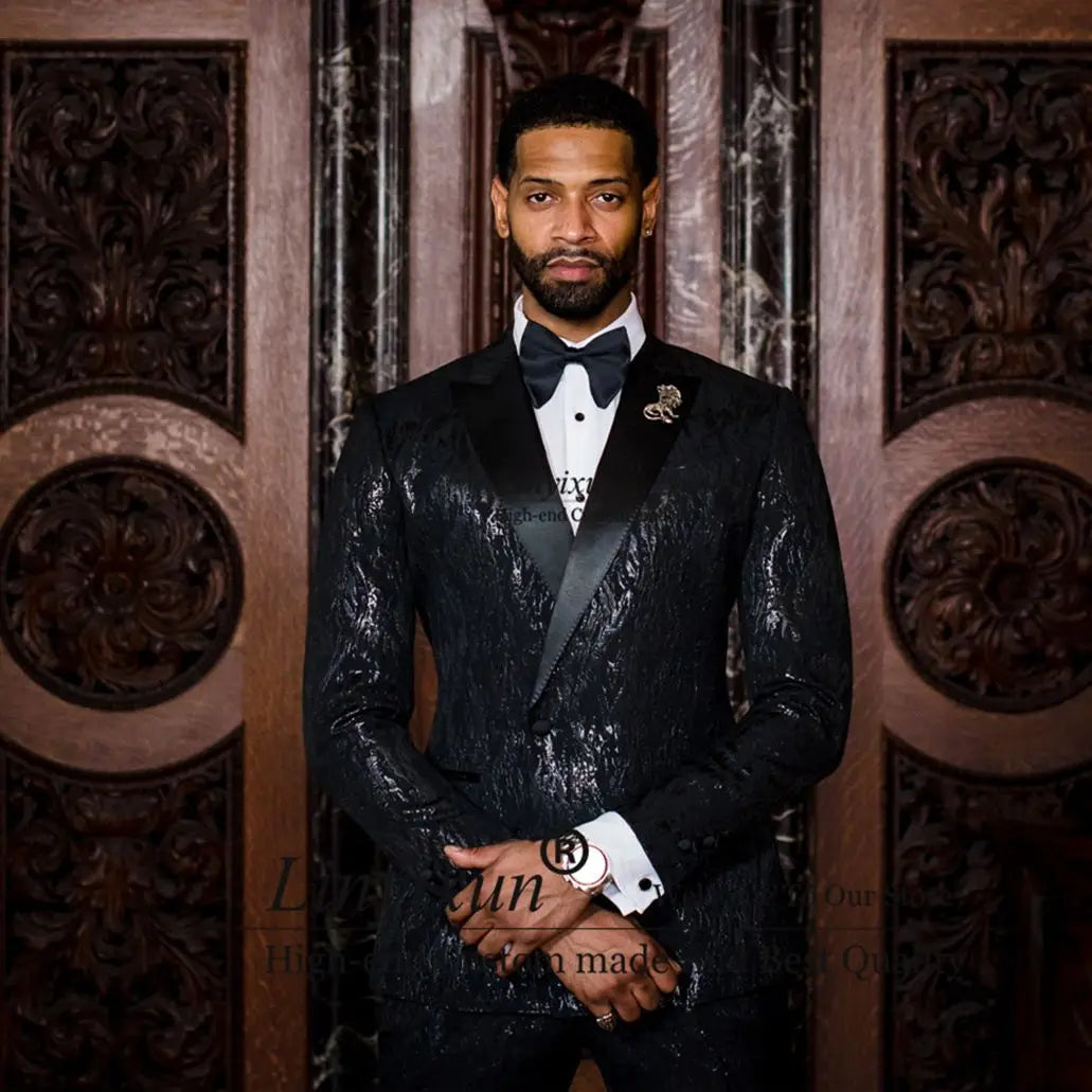 Shinny Sequin Black Mens Suits for Wedding 2 Pieces Set Customized Groom Tuxedos Slim Fit Male Prom Blazer