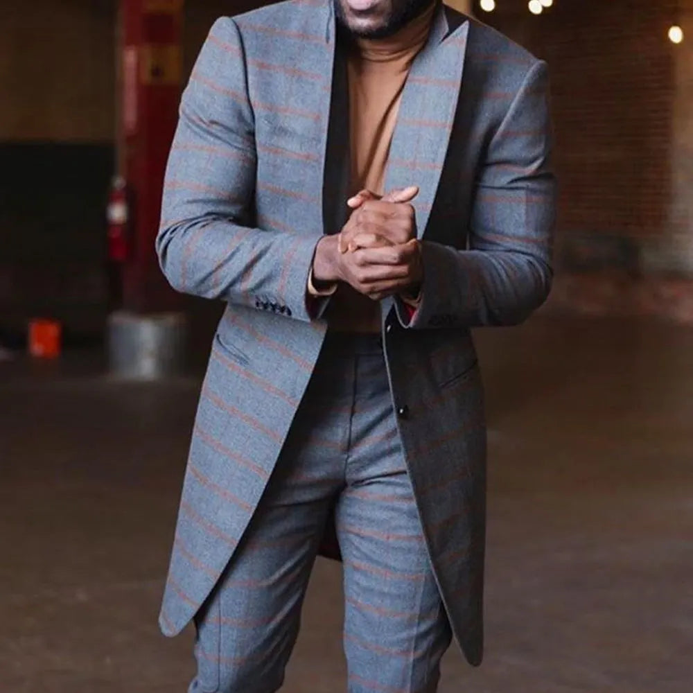 2 Pieces Long Plaid Men Wedding Tuxedos Blazer&Pants Groom Groomsmen Suit Custom Made Formal Men Suits