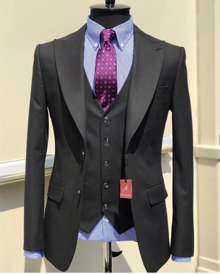 Business Navy Blue Black Men‘s Suits Slim Costume Homme Wedding Groom 3Pcs Terno Prom Blazer Trousers Jacket+Pant+Vest