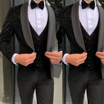 Black Mens Suits 3 Piece Black Shawl Lapel Casual Groom Tuxedos for Wedding Groomsmen Suits Men (Blazer+Vest+Pant)