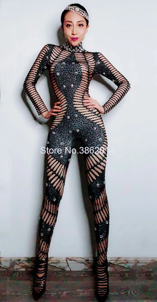 Bling Crystals Rhinestones Spandex Stretch Jumpsuit Women Evening Party Outfit Nightclub Bar Singer Bodysuit Sexy Dance Costume