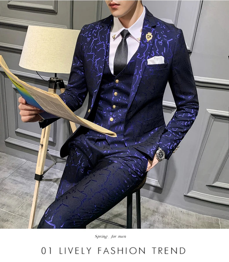 Elegant Floral Slim Fit Men's Tuxedo Suit Set - Royal Blue & Burgundy Stylish Coat, Vest & Pants for Formal Occasions