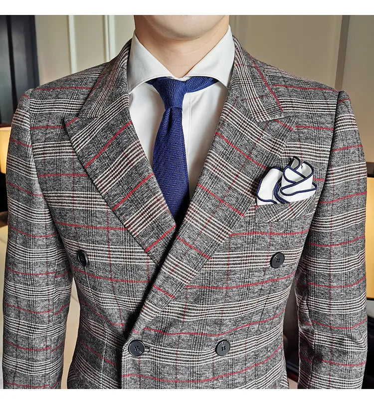 Suit Luxury Wedding Upgrade Emcee Dress Suit Men's Plaid Double-breasted Casual Dress Dinner Suit