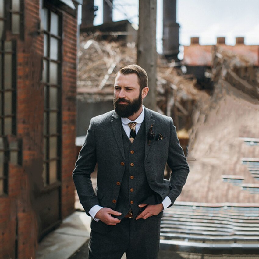 Grey Men Suits For Wedding Tweed Tuxedos Groom Wear Best Man Wear Wedding Dress Prom Dresses Business Suit 3Pieces Suit