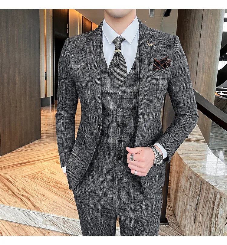 Traje de hombre de estilo británico de talla grande, traje de lana de tres piezas, vestido de novia para novio, ropa formal británica ajustada. 