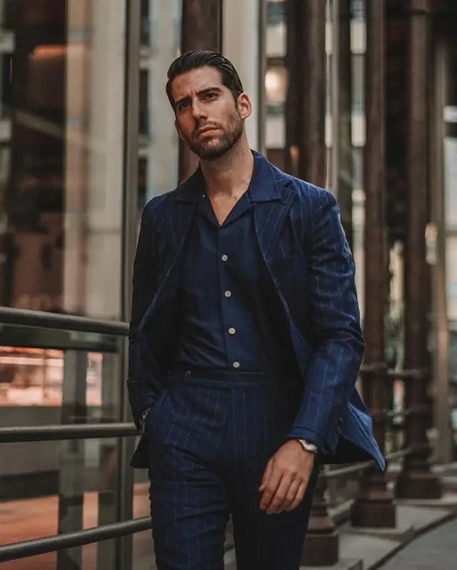 Navy Pinstripe Men Suits Handsome Slim Fit Two Button Peaked Lapel Groom Best Men Prom Party Blazer Jacket(jacket+pants)