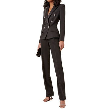 Women Suit Set Crystal Beading Black Evening Party Tuxedos Formal Wear For Wedding (Jacket+Pants)