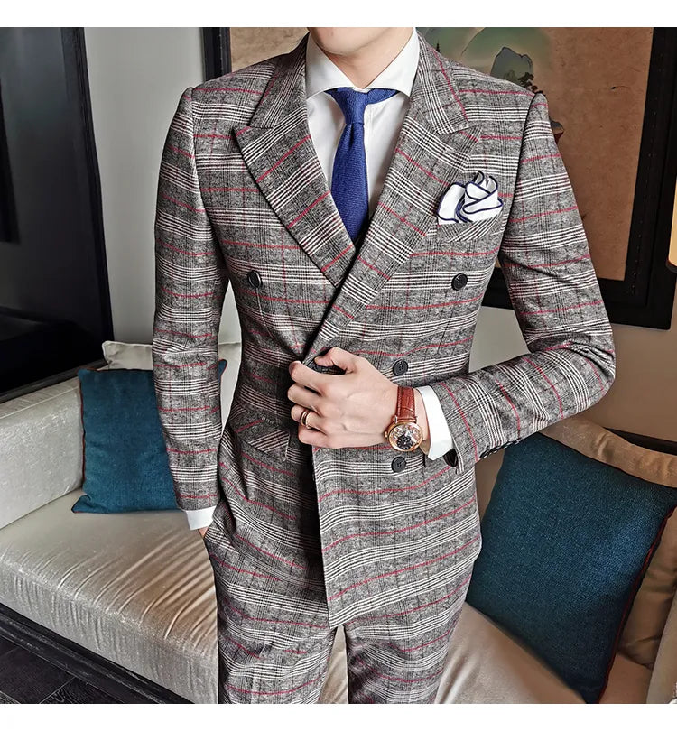 Suit Luxury Wedding Upgrade Emcee Dress Suit Men's Plaid Double-breasted Casual Dress Dinner Suit