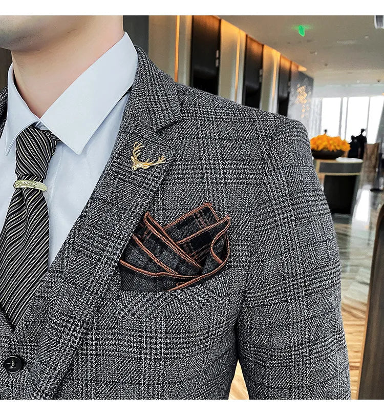 Traje de hombre de estilo británico de talla grande, traje de lana de tres piezas, vestido de novia para novio, ropa formal británica ajustada. 