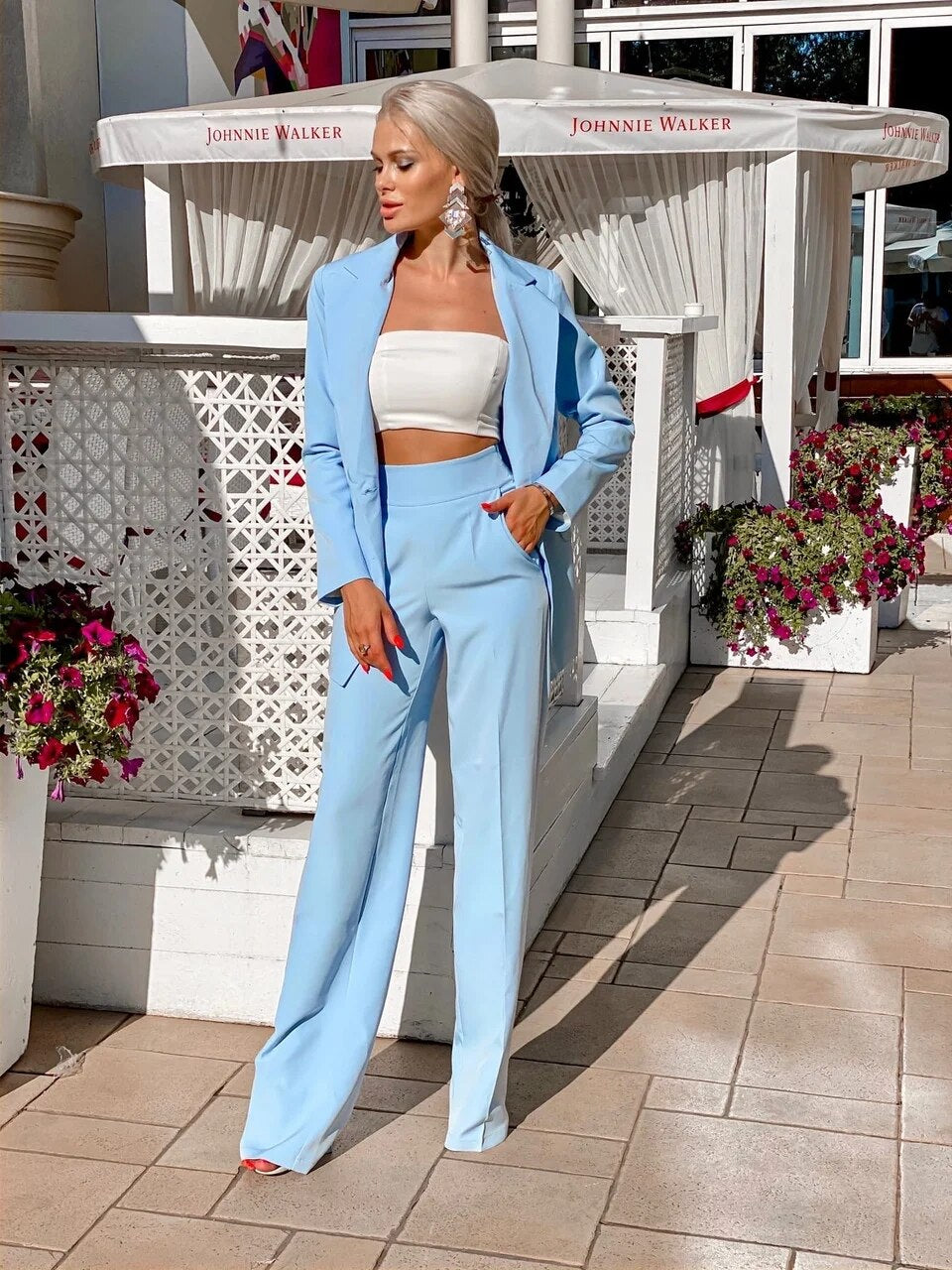 Traje de noche azul cielo para mujer, 2 piezas, para madre de la novia, fiesta, graduación, pantalones, trajes para boda 