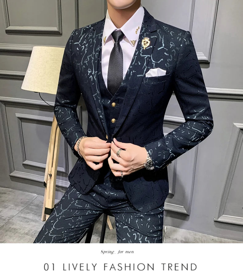 Elegant Floral Slim Fit Men's Tuxedo Suit Set - Royal Blue & Burgundy Stylish Coat, Vest & Pants for Formal Occasions