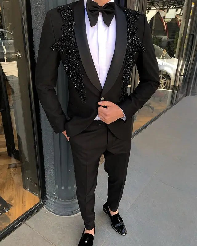 Trajes de hombre de lujo con cuentas para fiesta, 2 piezas, esmoquin de novio para boda, traje de padrino de graduación (chaqueta + pantalón)