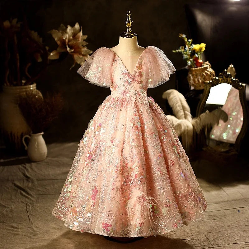 Robe de princesse pour filles, robe de baptême en dentelle à paillettes et fleurs, vêtements pour enfants, costumes de fête élégants, vêtements d'anniversaire