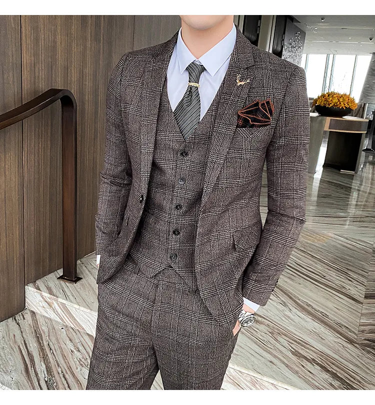 Traje de hombre de estilo británico de talla grande, traje de lana de tres piezas, vestido de novia para novio, ropa formal británica ajustada. 