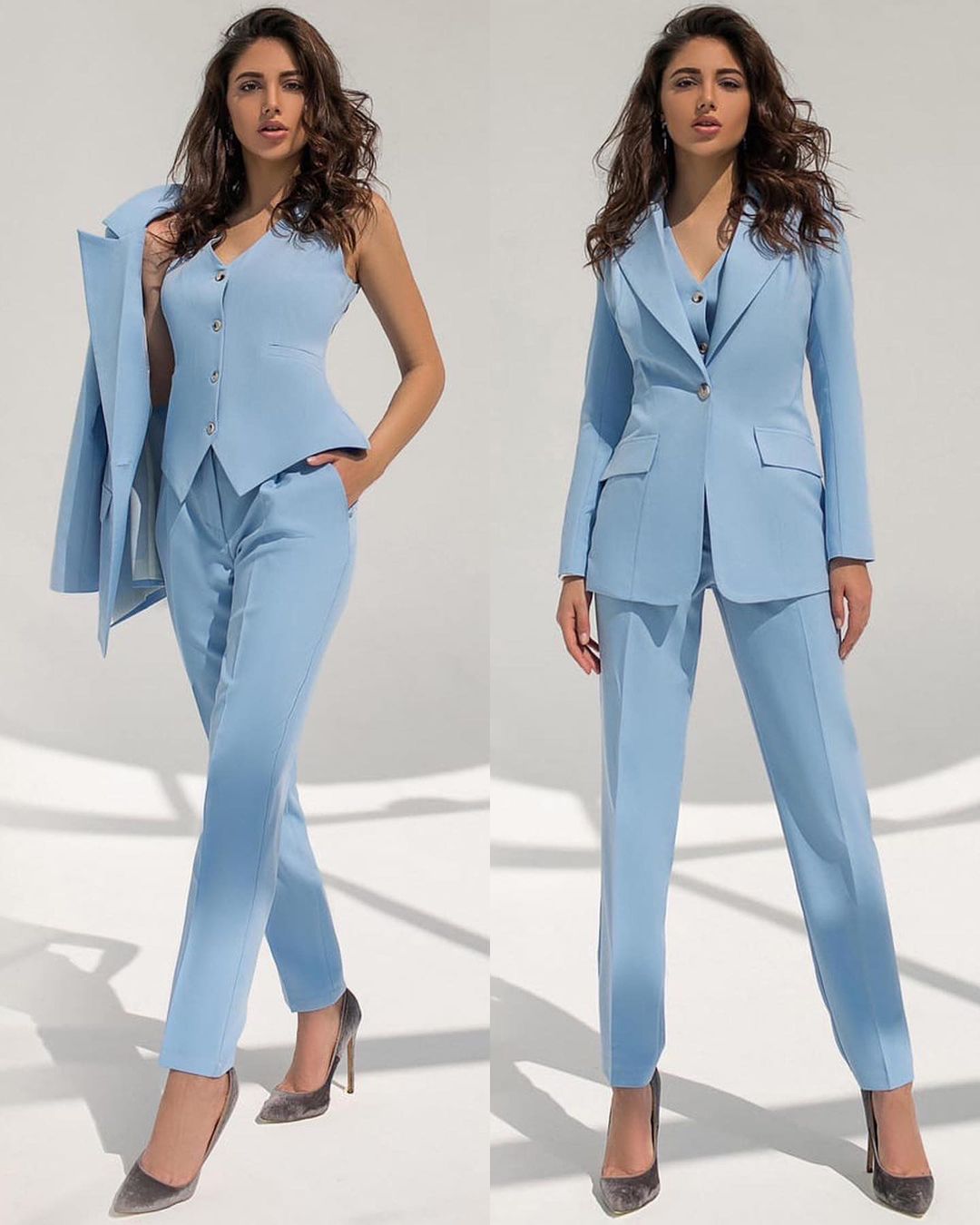 Blazer bleu ciel pour femme, tenue de soirée, de mariage, de travail, de loisirs, de club (veste, gilet et pantalon) 