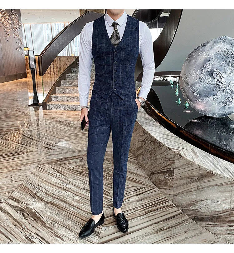 Traje de hombre de estilo británico de talla grande, traje de lana de tres piezas, vestido de novia para novio, ropa formal británica ajustada. 