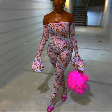 Women Sexy See-through Slash Neck Flared Sleeve Nightclub Outfits Overalls Hipster High Waist Floral&Leopard Print Jumpsuit